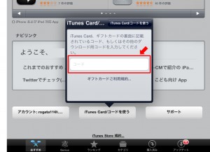 iPad iTunesコード入力画面