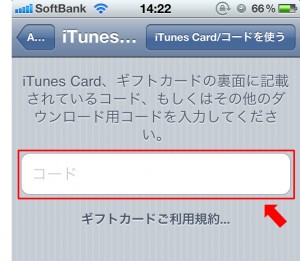 iPhone iTunesコード入力画面